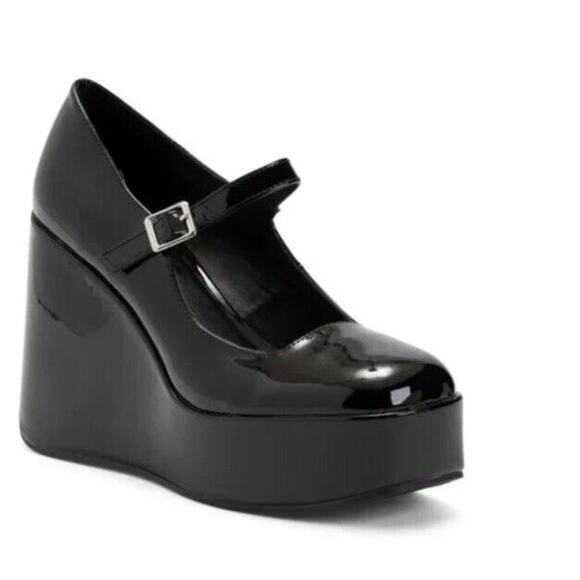 New Steve Madden Nirvana Mary Jane Wedges Shoes Patent Leather Black Womens 9.5 - Picture 1 of 4